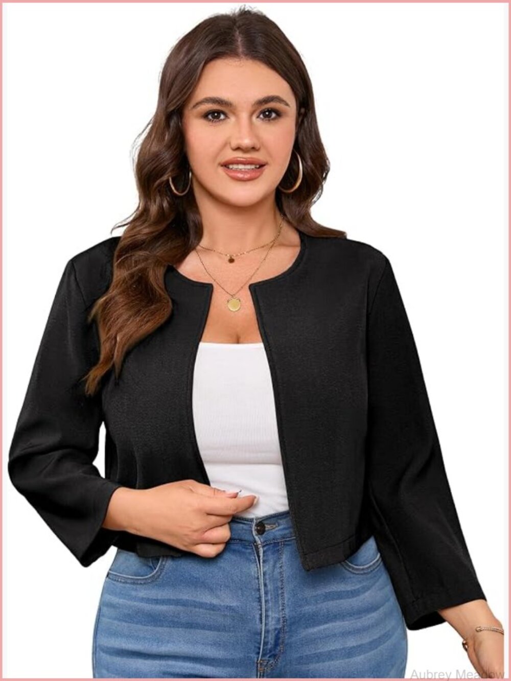 Plus Size Cropped Blazer Suit Jacket 3/4 Sleeve Open Front